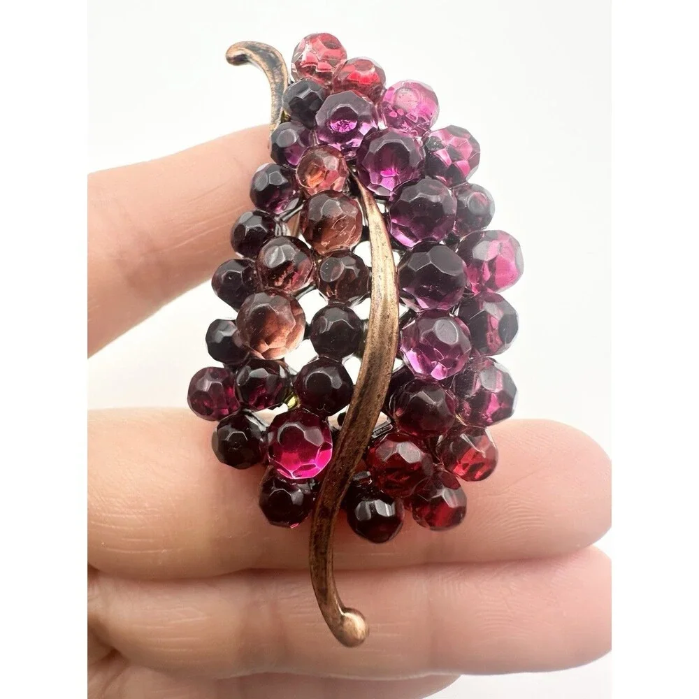 Gold Tone Leaf Fuchsia Glass Briolette Brooch
